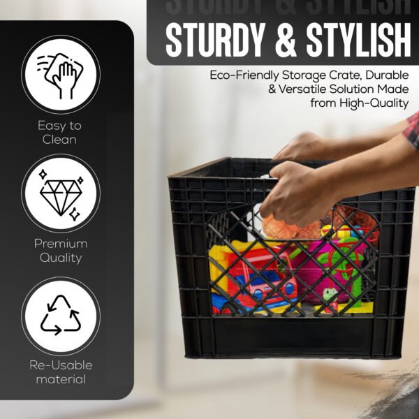 24 Quart 3 Pack Black Heavy Duty Rectangular Stackable Dairy Milk Crates, 11" Height, 19" Width - Image 7