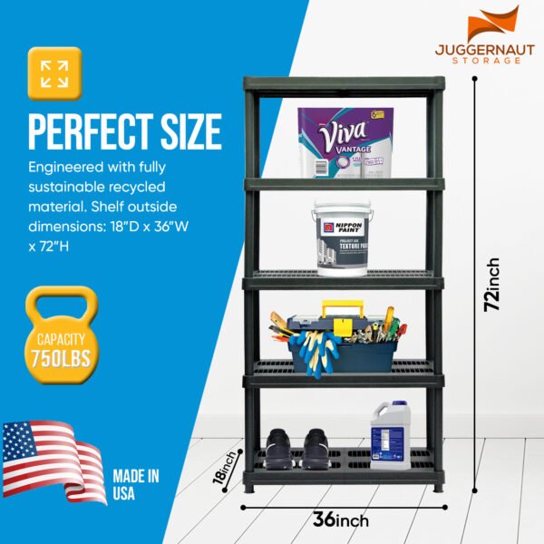 36"W x 24"D x 72"H Five-Shelf Resin Shelving, Black - Image 2