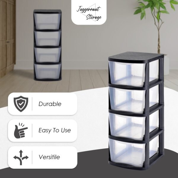 4 Drawer Storage Tower, Black Frame with Clear Drawers - Image 3
