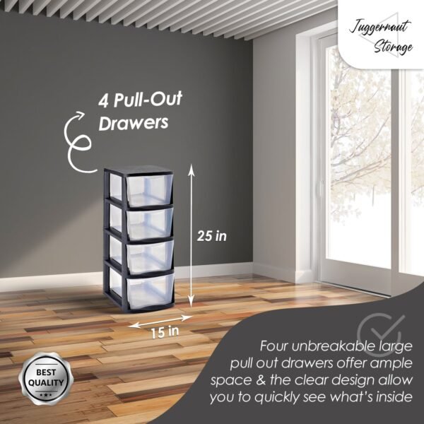 4 Drawer Storage Tower, Black Frame with Clear Drawers - Image 4