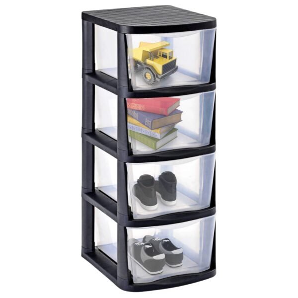 4 Drawer Storage Tower, Black Frame with Clear Drawers